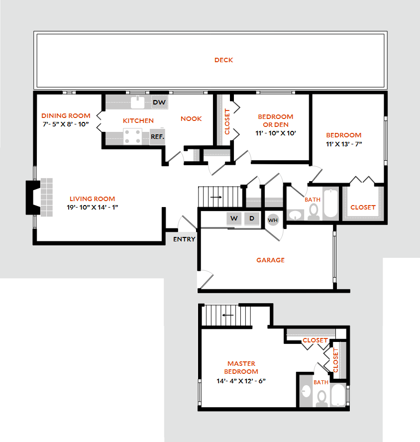 Floor plan for 3 beds, 2 baths, 1442 sqft